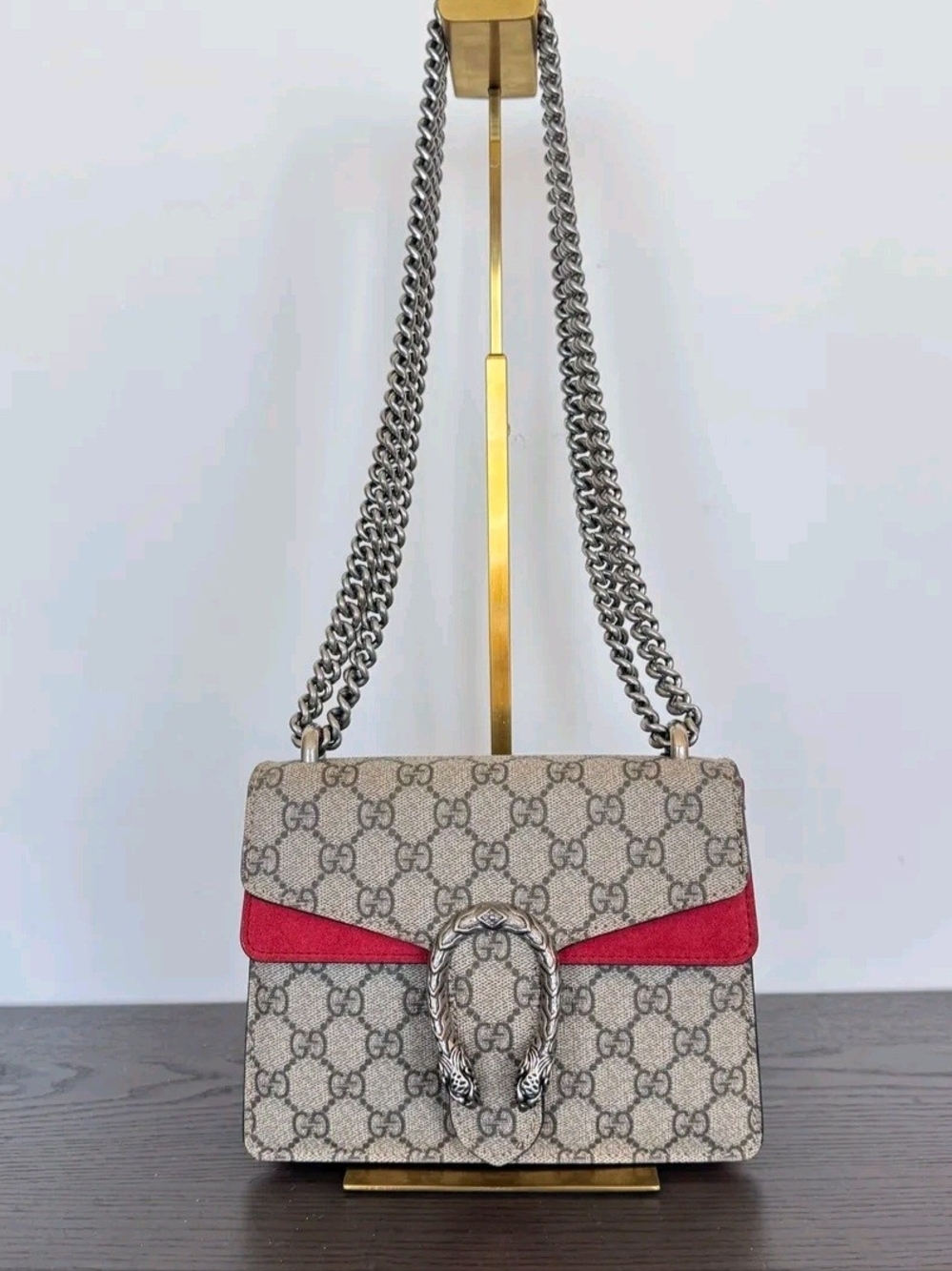 Authentic Gucci Dionysus Small GG Supreme Shoulder Bag – Red Suede Trim with COA